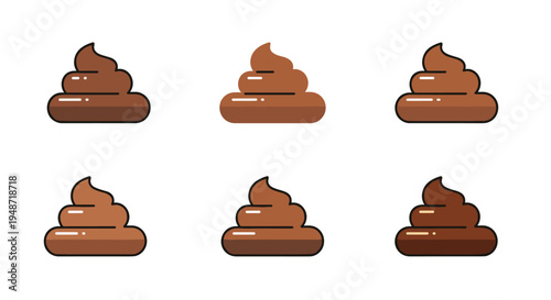 Set of six cartoon poop emoji icons displayed in various shades of brown with shiny highlights on a clean white background for humor.