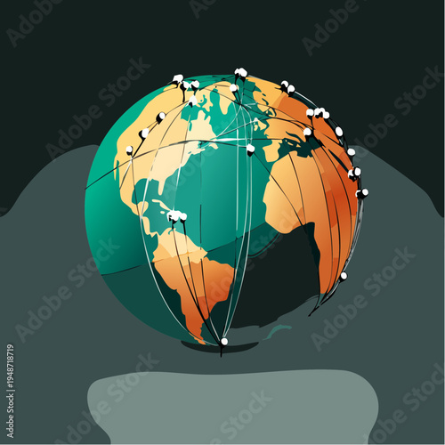 Global network connections on a stylized earth sphere.
