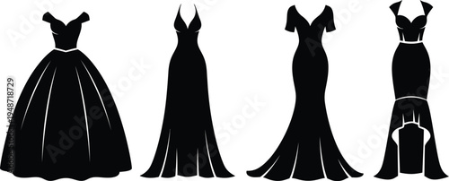 Four black silhouette dresses on white background silhouettes evening gowns