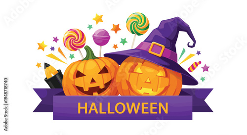 Festive Halloween display featuring two carved jack-o'-lantern pumpkins, a purple witch hat, lollipops, stars, and a purple banner with text.