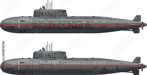 Modern military submarine side view technical illustration with internal structure details and red guideline stripe, naval defense underwater vessel concept isolated on white background