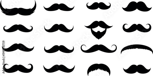 WebMustache silhouette collection featuring various vintage beard and moustache styles, retro barber design elements isolated on white background, facial hair icon set