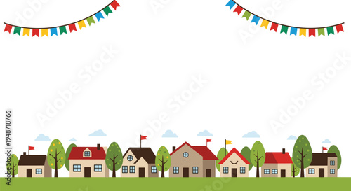 Scenic village landscape with a row of small houses and trees at the bottom and festive colorful bunting banners hanging from above.