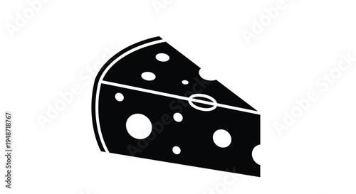 Black and white silhouette of a triangular wedge of Swiss cheese featuring characteristic holes against a stark white background for contrast.