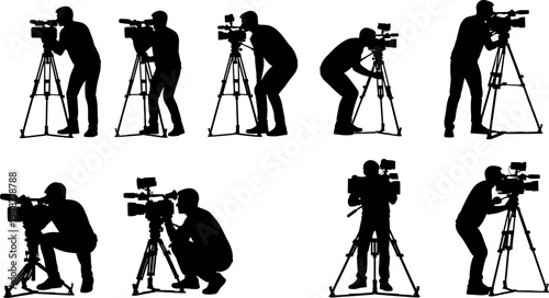 Professional cameraman silhouette collection operating video cameras on tripods in various shooting positions, media production and filmmaking concept isolated vector illustration set