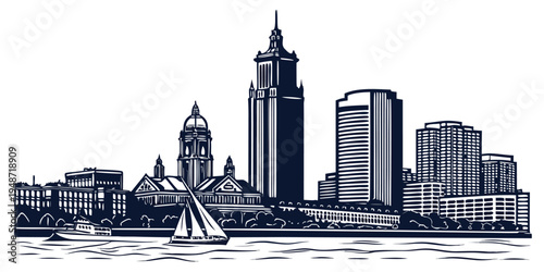 Boston Skyline Silhouette Vector with Prudential Tower and Waterfront