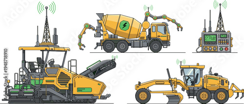 Smart construction machinery illustration set featuring connected road paver, grader, robotic mixer truck and wireless communication tower, modern industrial technology concept isolated on white