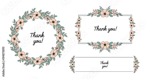 Set of elegant floral wreaths and rectangular frames with peach colored flowers and green leaves featuring the words thank you inside.