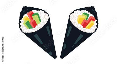 Symmetrical pair of hand-rolled temaki sushi rolls filled with rice, cucumber, carrot, and egg sticks wrapped in dark seaweed nori sheets.