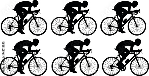 Silhouette set of professional road cyclist riding racing bicycle in aerodynamic position, sport training and competition concept, isolated on white background, fitness activity illustration