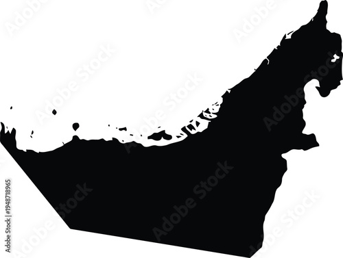 Black silhouette map of the united arab emirates isolated on a white background.