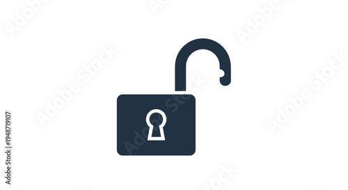 Simple dark blue icon of an open padlock representing security breach, unlocked access, or digital freedom against a clean white background.