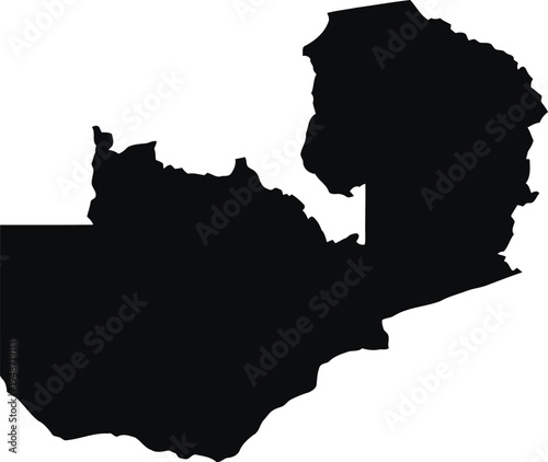 Black silhouette map of the country of zambia isolated on a solid white background