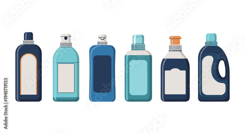 Six different laundry detergent and cleaning supply bottles in various shades of blue and gray arranged in a row on a white background.