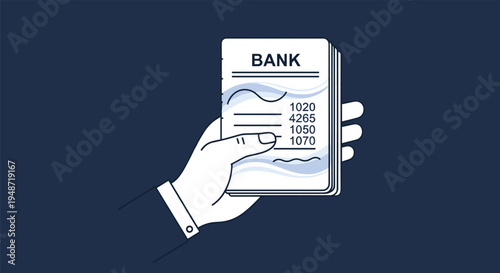 Hand holding a bank statement or financial document with numerical data and the word BANK against a dark blue background for accounting.