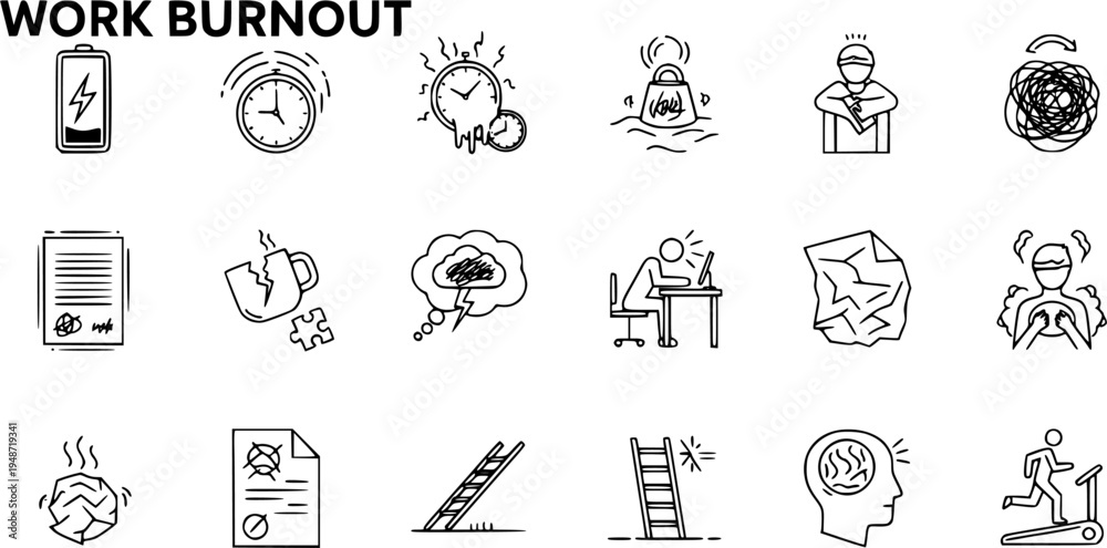 Fototapeta premium Work Burnout Icons Set: Stress, Exhaustion Mental Health Symptoms Line Pictograms