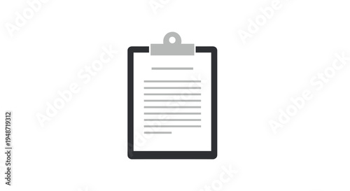 Minimalist gray and black clipboard icon with a written document representing business reports, lists, or medical forms on white.
