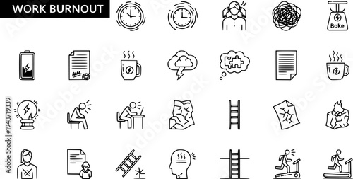 Work Burnout Icons Set: Stress, Exhaustion, Overwork, Mental Health  Workplace Pressure. Line Art Vector Symbols for Employee Wellbeing  Fatigue.