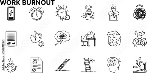Work Burnout Icons Set: Stress, Exhaustion  Mental Health Symptoms Line Pictograms