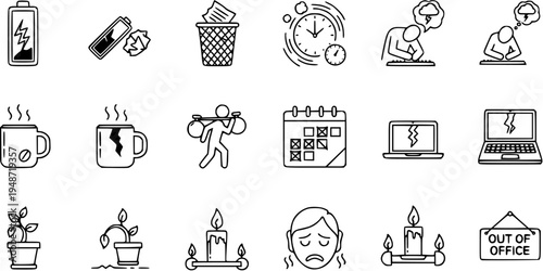 Burnout Icons: Stress, Overwork, Low Energy, and Exhaustion Symbol Set