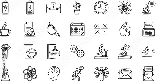 Vector Icon Set of Business, Work, Stress, and Productivity Concepts - Line Art Style