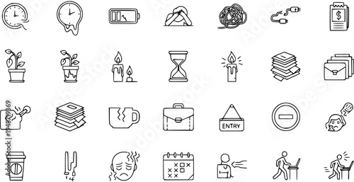 Business Stress and Overwork Icons: Time Management, Burnout, Deadline Pressure, Productivity Challenges