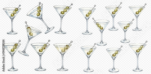 Set of watercolor martini cocktails with olives in a glass. Hand-drawn illustration of alcoholic drinks for bars and parties.