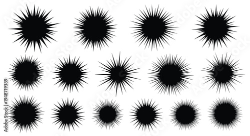 Diverse collection of black explosion or burst icons in different shapes and sizes for comic style sound effects or impact symbols.