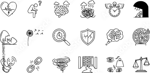 Mental Health and Emotional Well-being Line Icons Set: Psychological Challenges, Stress, Anxiety, and Personal Growth Concepts
