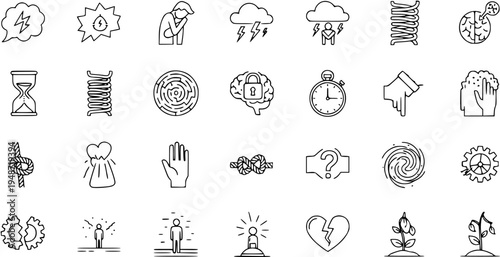 Psychological Stress and Mental Health Icons Set - Anxiety, Depression, Support, Therapy, Growth
