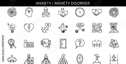 Anxiety and Anxiety Disorder Line Icons Set. Mental Health Symptoms, Stress, Panic, Social Fears, and Emotional Distress Conceptual Pictograms.