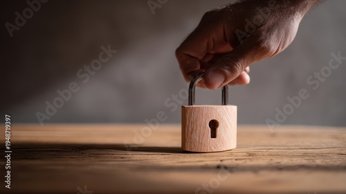 Wallpaper Mural The padlock on a wooden table held by a hand, symbolizing security and trust Torontodigital.ca