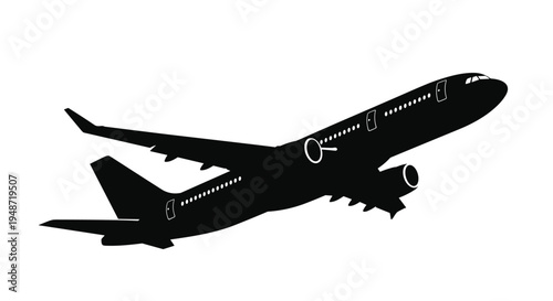Black silhouette of a large commercial airplane taking off into a white background representing travel, aviation, and transport.