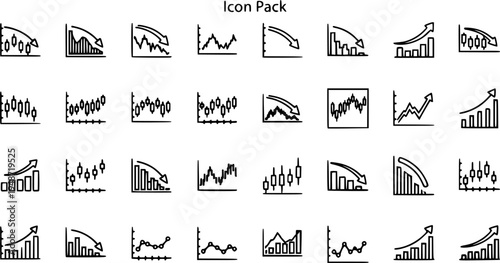 Icon Pack: Diverse Financial and Market Trend Graphs, Candlestick Charts, and Bar Charts Illustrating Growth and Decline