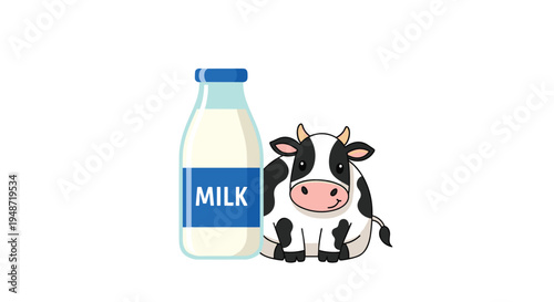 Cute illustration of a fresh milk bottle with a blue label and a friendly spotted cow sitting next to it on a white background.