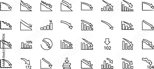 Decline, Decrease, and Downtrend Vector Line Icons Set. Outline symbols for business loss, financial recession, negative statistics, and downward arrow indicators.