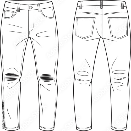 Women distressed skinny jeans technical fashion flat sketch with ripped knee details and five pocket denim, front and back viewWomen distressed skinny jeans technical fashion