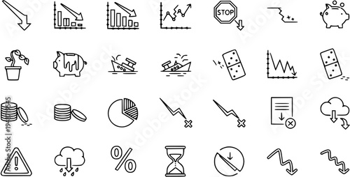 Downward Trend Icons: Crisis, Decline, Financial Loss, and Failure Symbols