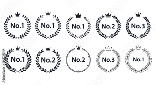 Ten different black laurel wreath icons with crowns and numbers like No. 1, No. 2, and No. 3 for ranking and achievement awards.