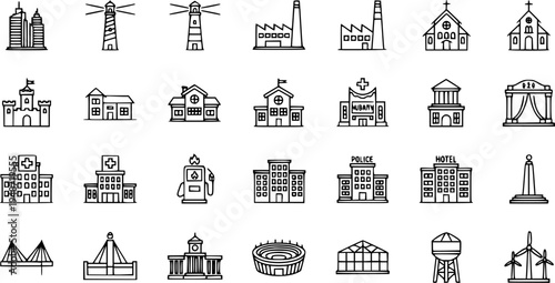 Outline Building and Structure Icons Set - Vector Line Art Collection of City Infrastructure, Public and Commercial Buildings