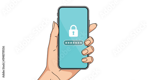 Hand holding a smartphone with a lock icon and a password field on a blue screen representing mobile security and data privacy.