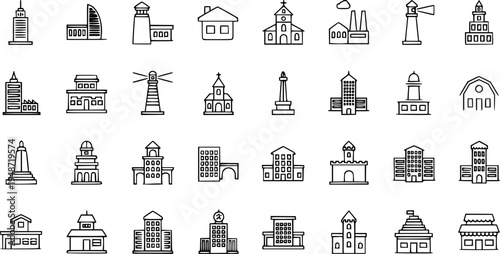 Diverse Collection of Line Art Building Icons: Architecture, Landmarks, and Urban Designs