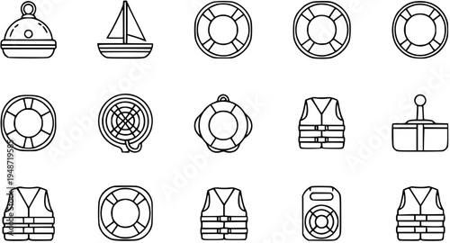 Nautical Icons Set: Buoy, Sailboat, Lifebuoy, Life Vest, Anchor, Boating Safety Equipment, Marine Objects Clipart