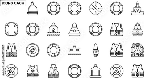 Nautical Safety Equipment Icons: Life Buoys, Life Vests, Buoys, and Ships