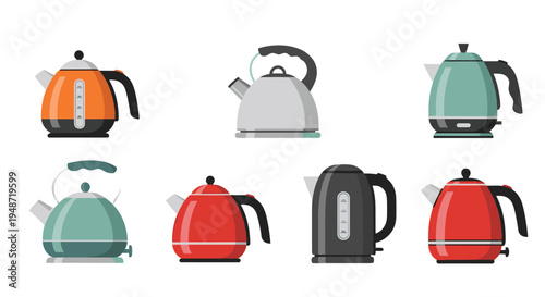 Six electric and stovetop kettles in various colors like orange, gray, red, and teal arranged in a grid for kitchenware variety.