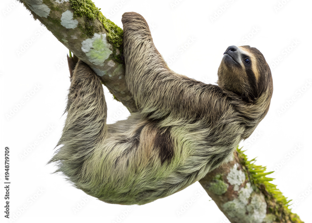 Fototapeta premium Sloth on Branch: Capturing the tranquil essence of the rainforest, a sloth gracefully hangs from a moss-covered branch, embodying the serenity of nature, isolated on a Transparent background