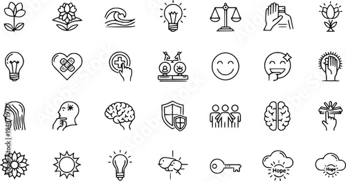 Health, Wellness, Nature, and Idea Line Icons Set - Vector Outline Symbols Collection for Mental Well-being and Positive Concepts