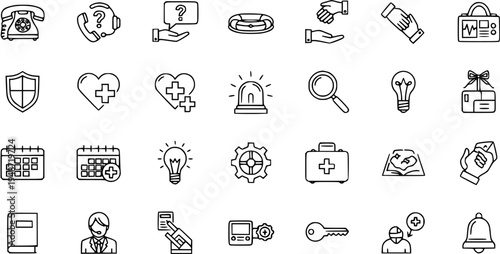 Outline vector icons set of assistance, medical, communication, business, security, and service concepts on white background