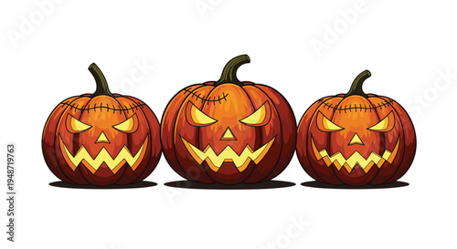 Three carved Halloween pumpkins with scary faces and glowing yellow eyes lined up together on a plain white background.