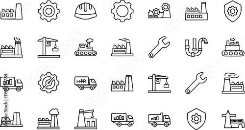 Industrial Icons Set: Factories, Tools, Machinery, Construction and Safety Symbols